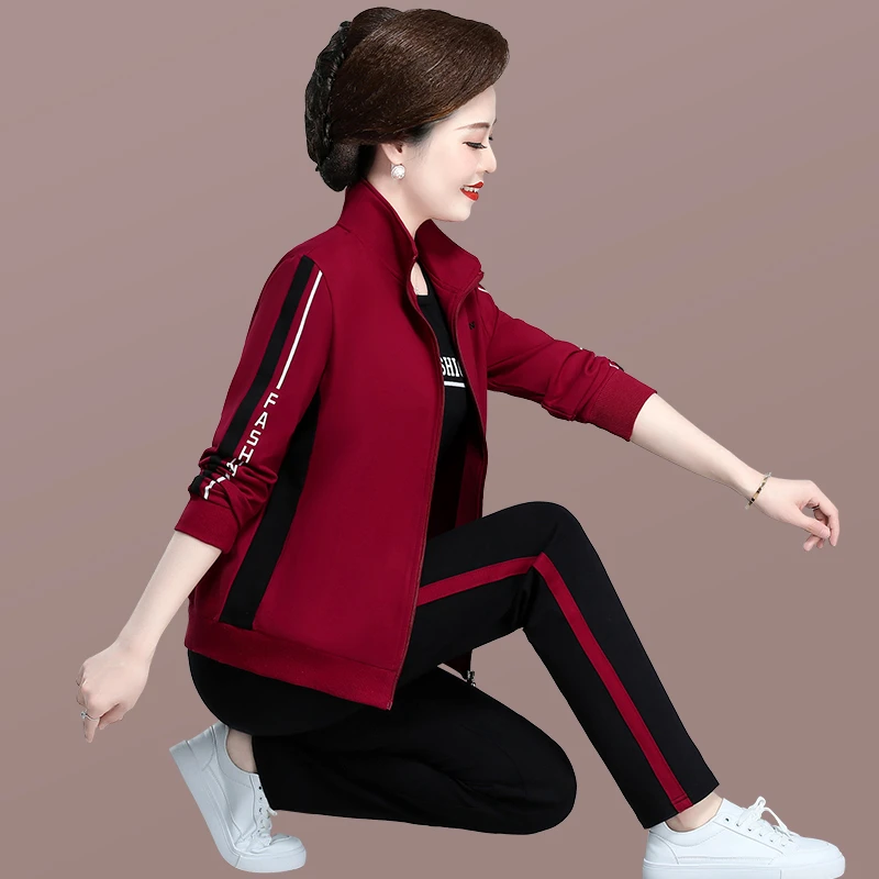 妈妈春装套装洋气时尚休闲三件套中老年运动套装女春秋外套卫衣棉