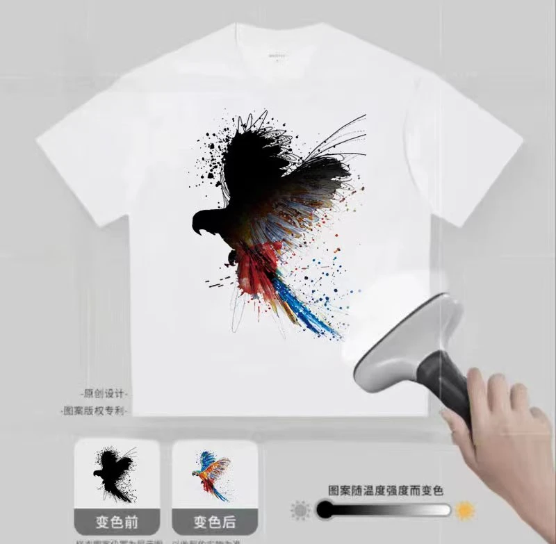 24爆款油墨温感变色鹦鹉T恤重磅轻奢男女同款圆领宽松短袖