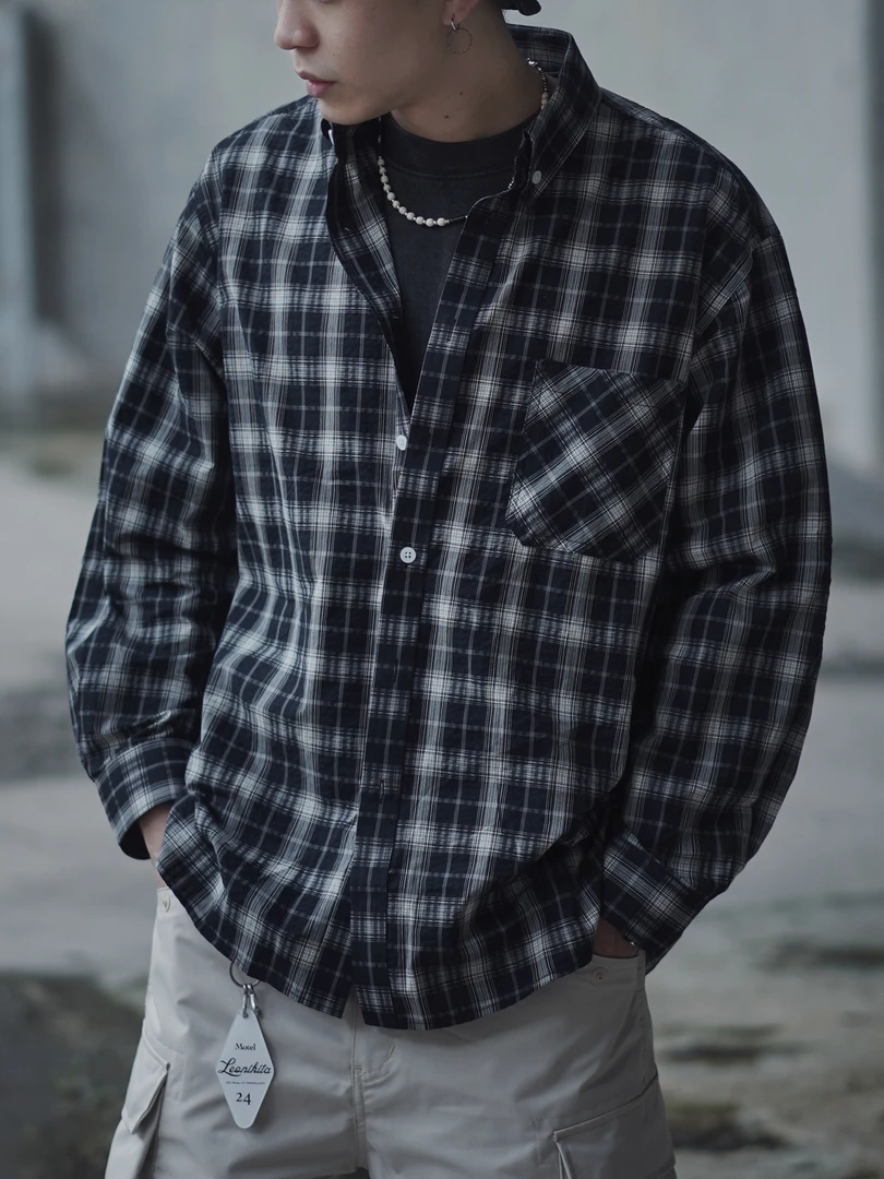 【清仓No退No换】春夏轻薄泡泡纱休闲复古防晒男士格子衬衫