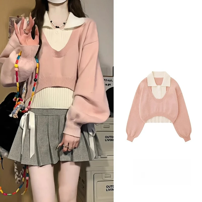 秋冬新款韩系复古慵懒风polo领毛衣女设计感真两件套装针织衫上衣