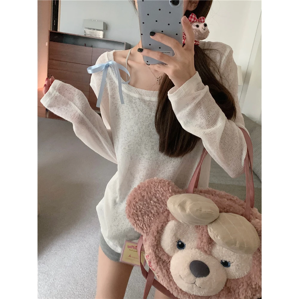 设计感蝴蝶结长袖宽松T恤纯欲风温柔防晒衫