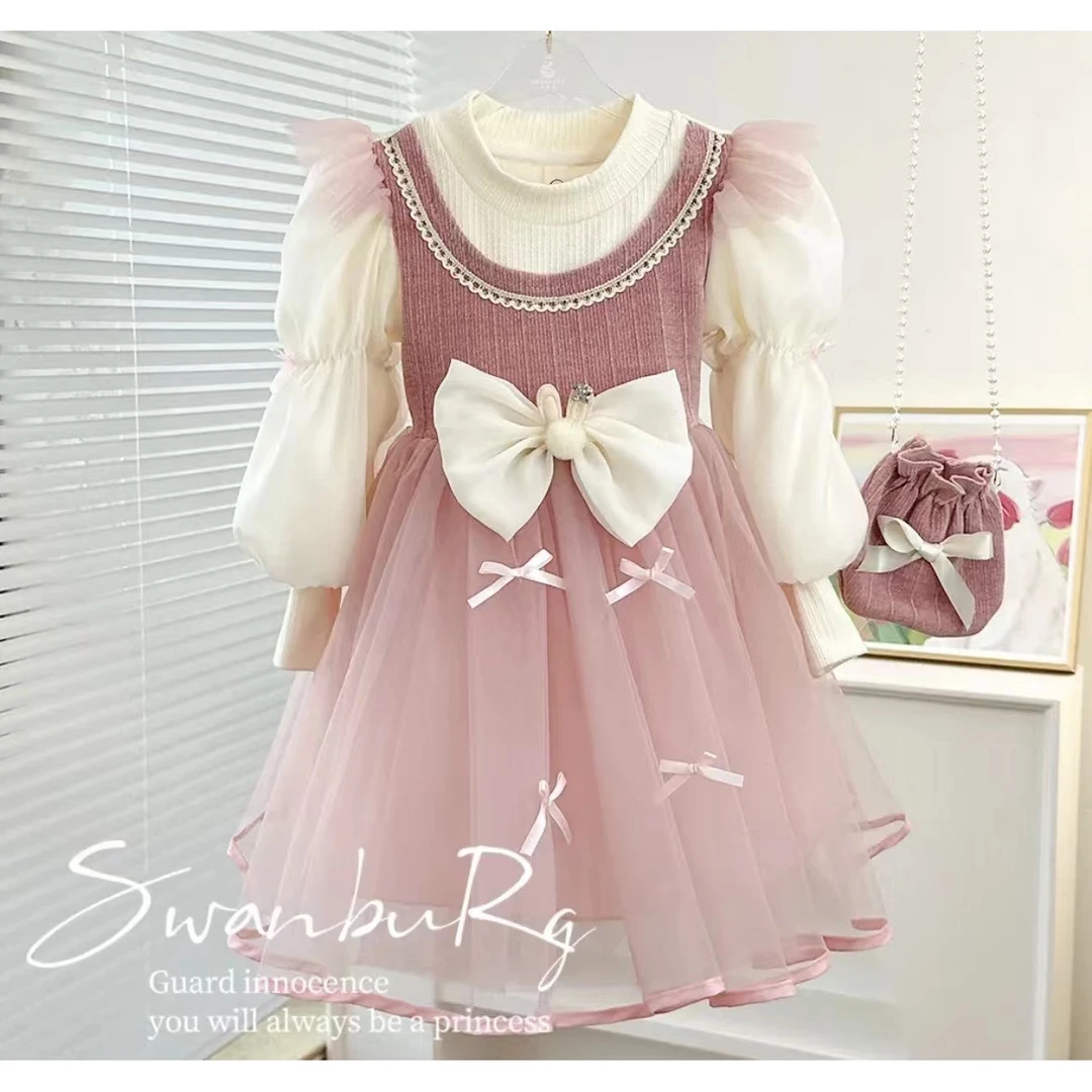 【时颖】女童春装长袖连衣裙灯笼袖甜美网纱公主裙宝宝蝴蝶结纱裙