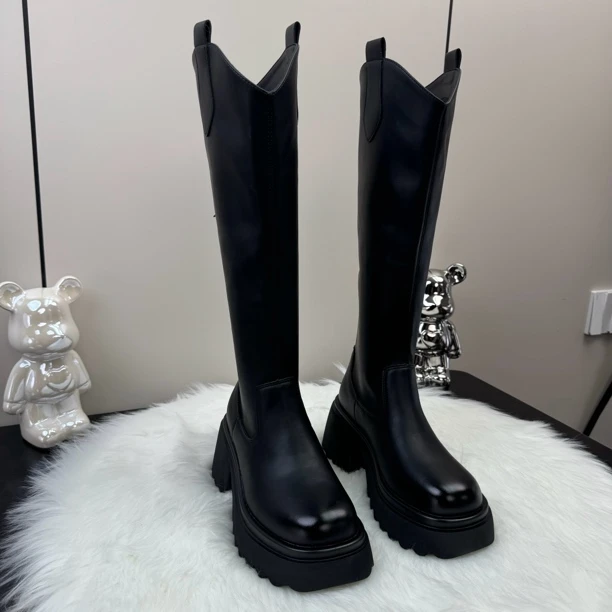 2024年英伦风高筒骑士靴女厚底防水台增高长筒后拉链松糕马蹄显瘦