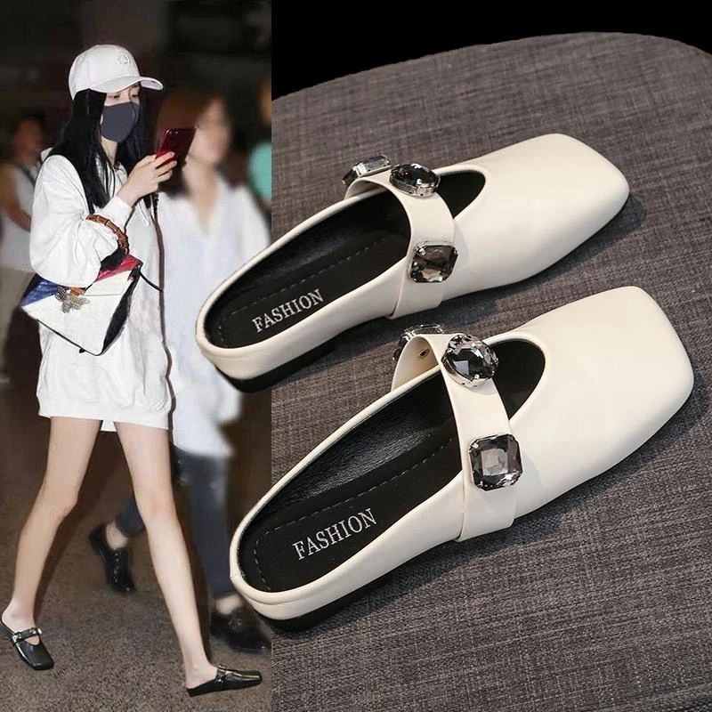 2025年新款法式水钻方头半拖鞋女外穿包头懒人穆勒鞋平底软底休闲