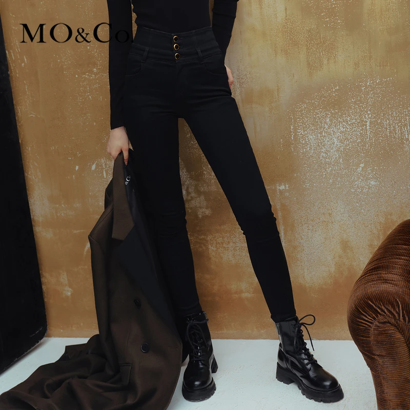 MOCO冬季双腰头高腰修身黑牛仔裤MBC4JENT03
