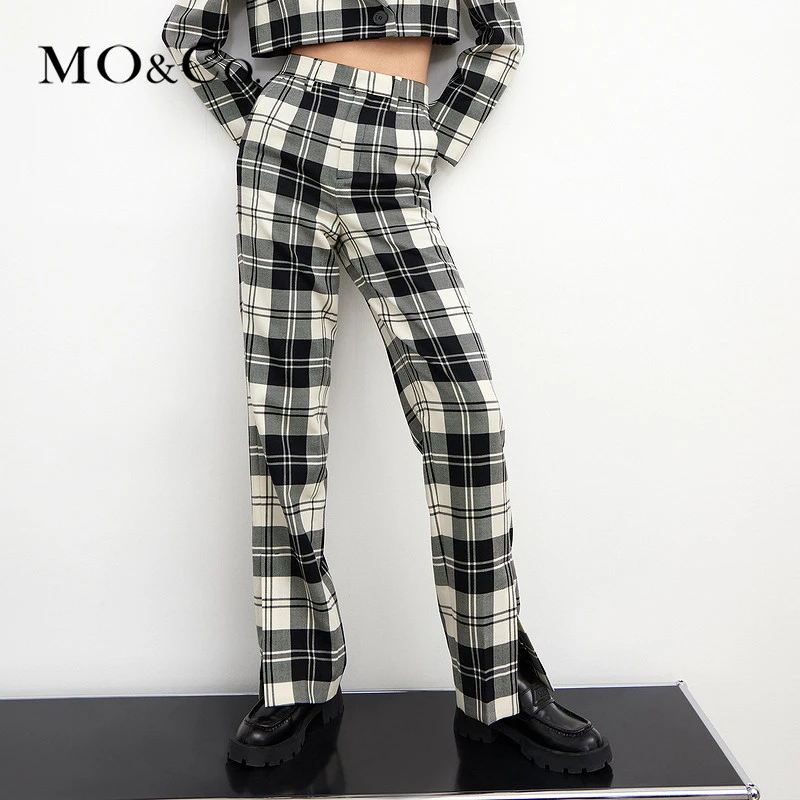 MOCO冬季经典格纹侧缝开衩高腰直筒裤休闲裤格子格子裤MBA4PAT026