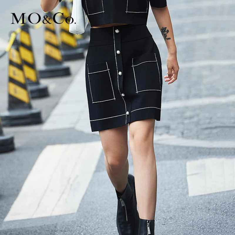 MOCO春手绘明线松紧高腰针织半身裙时尚休闲A字显瘦女MBA1SKT020