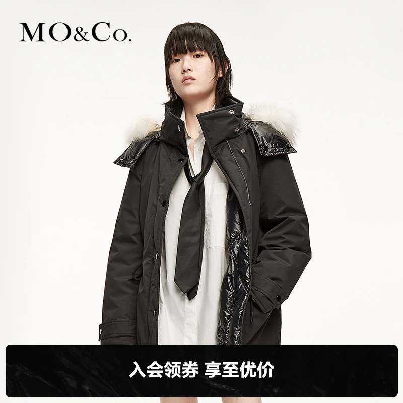 MOCO户外双面穿毛领连帽无性别羽绒服长款冬季五金女孩MBA4EINT02