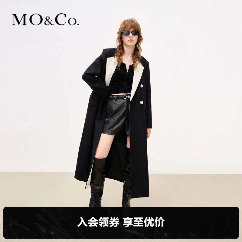 MOCO冬季撞色平驳领宽肩格雷系长款大衣MBB4OVC007