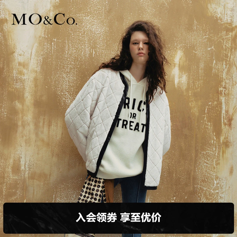 MOCO冬季绒感廓形菱格纹撞边无领宽松外套防寒MBB4COTT12