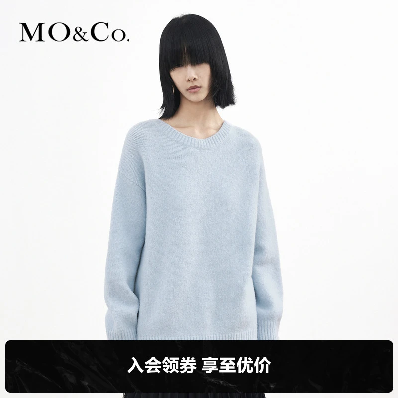 MOCO秋宽松露背撞色织带毛衣针织衫圆领套头秋冬热力感MBA3SWTT20