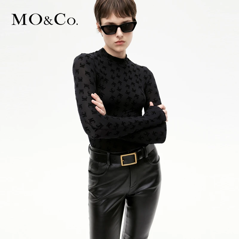 MOCO秋季MC植绒老花小高领修身皮肤衣上衣MBB3TOP001