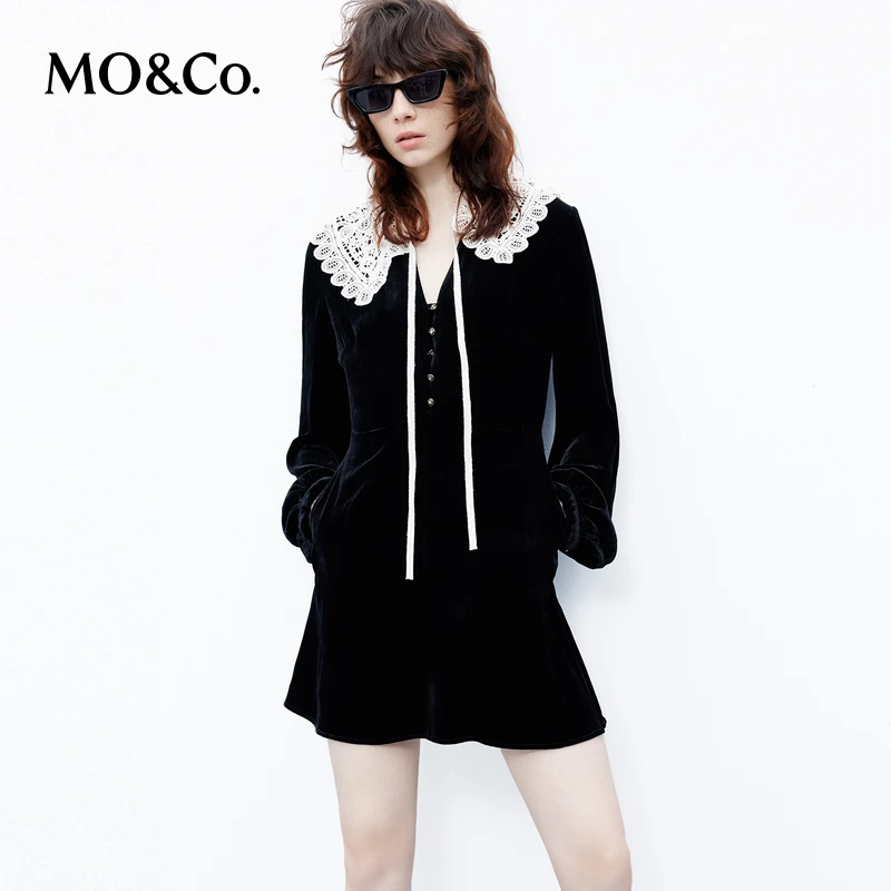 MOCO秋季含桑蚕丝丝绒高腰收腰连衣裙附装饰领MBC3DRS035