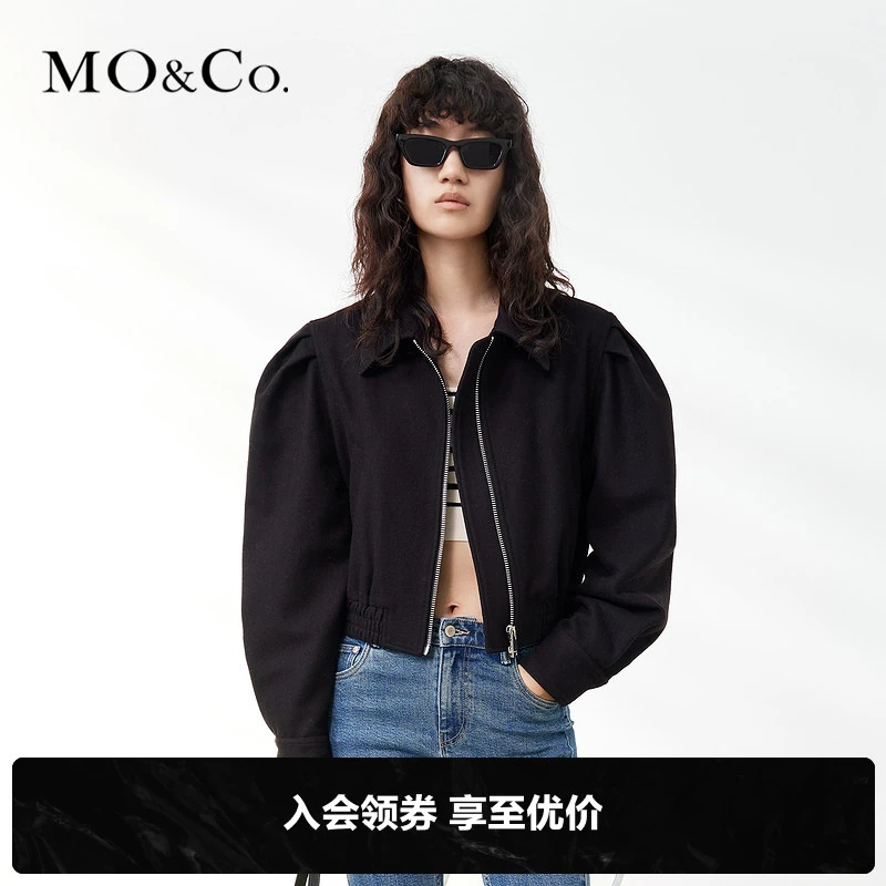 MOCO秋泡泡袖短款廓形毛呢外套翻领黑色短外套热力感MBA3JKTT04
