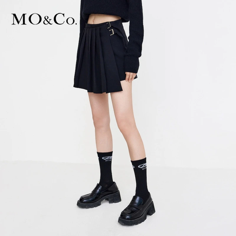 MOCO春季金属扣压褶拼接高腰裙裤短裤百褶显瘦时尚女装MBB1SOTT07