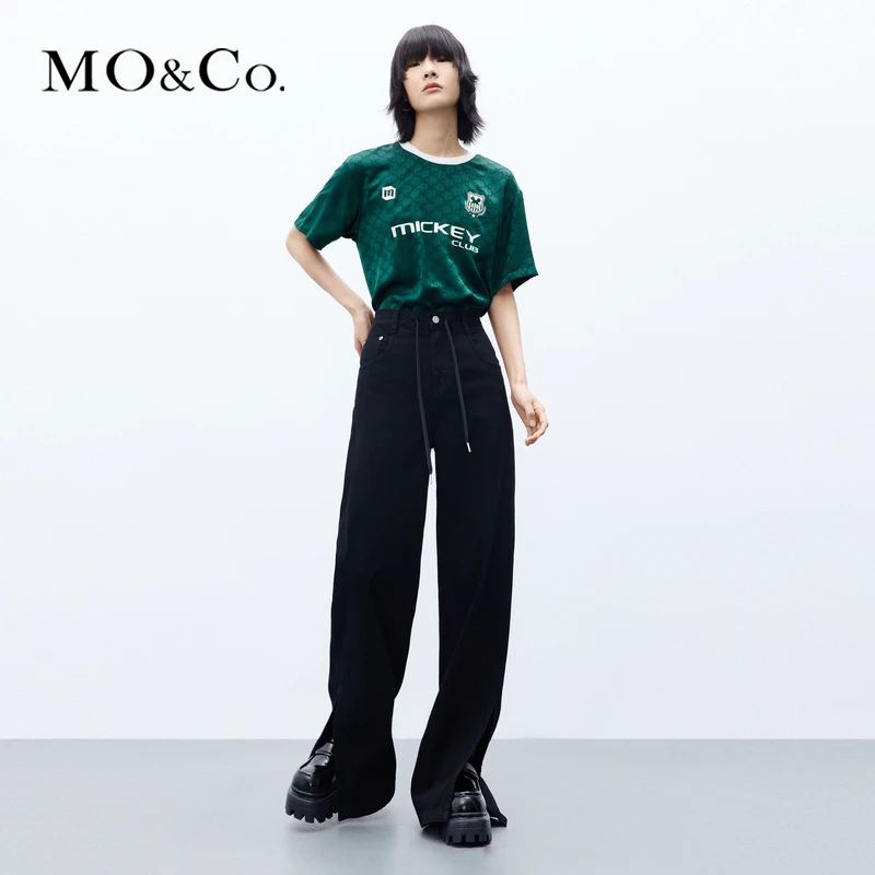 MOCO秋洗水运动抽绳高腰牛仔裤阔腿裤丹宁风MBC3JEN027