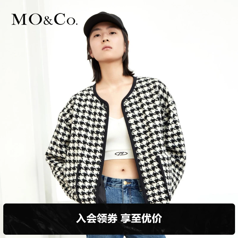 MOCO秋季黑色锁边双口袋千鸟格宽松外套小香风热力感MBB3COTT02