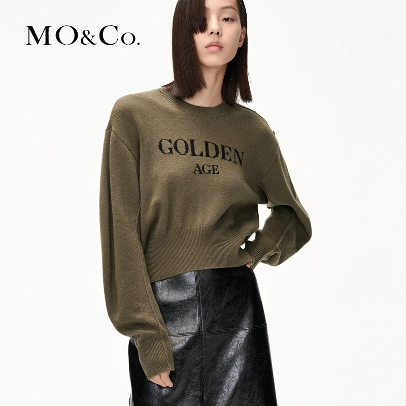 【美丽诺绵羊毛】MOCO冬防寒重工挂毛标语短款毛衣MBC4SWT034