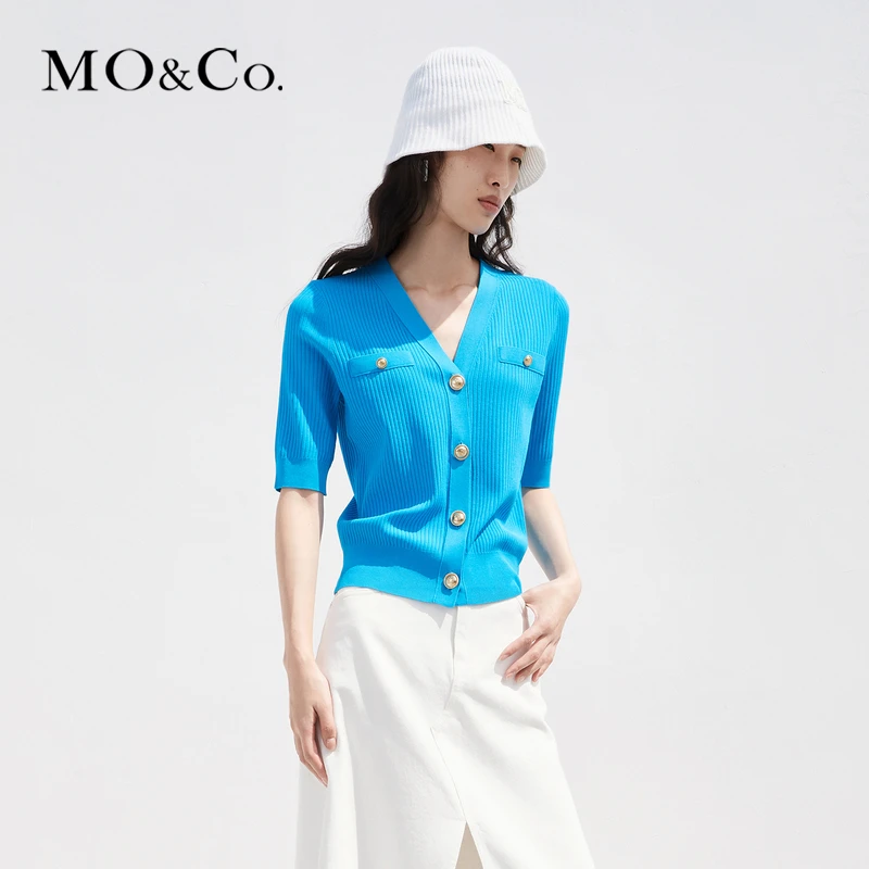 MOCO夏雕花金扣V领短款短袖薄款针织衫开衫小香风MBC2CART03