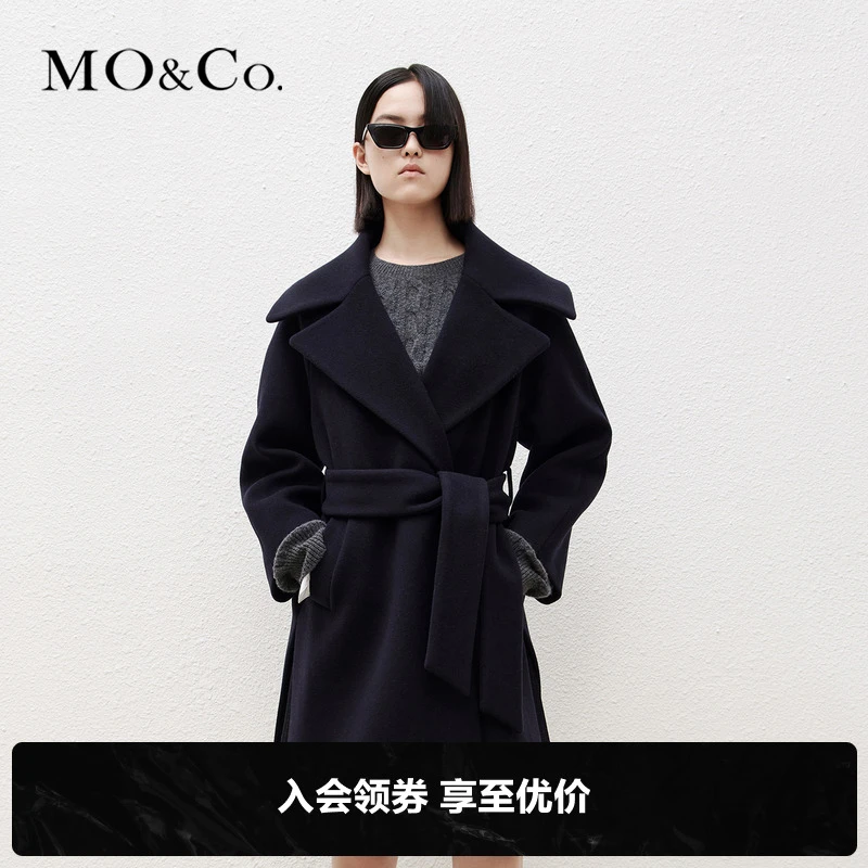 MOCO冬绵羊毛混纺翻领双面呢外套大衣附腰带热力感MBB4OVCT05