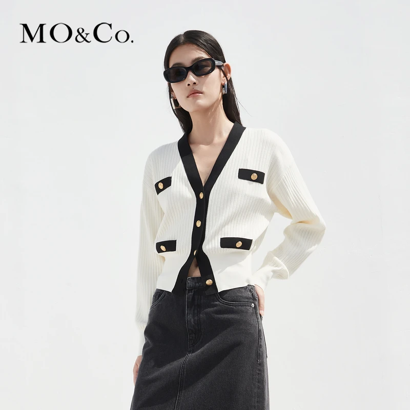 MOCO春季金扣撞色边V领短款针织开衫条纹小香风时尚MBC1CART14