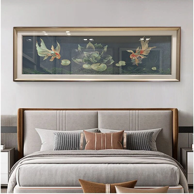 锦鲤荷花床头刺绣挂画书房茶室小客厅背景墙苏绣织锦绣装饰画