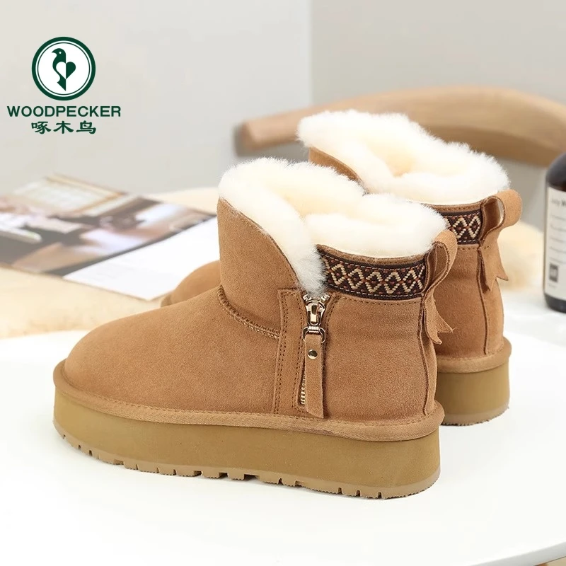 啄木鸟厚底增高雪地靴女2024冬季新款民族风侧拉链加绒东北棉鞋