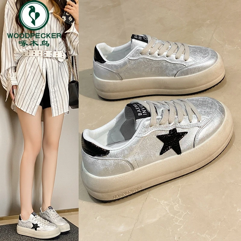 啄木鸟厚底脏脏小白鞋女2024新款秋季复古百搭网红星星休闲板鞋