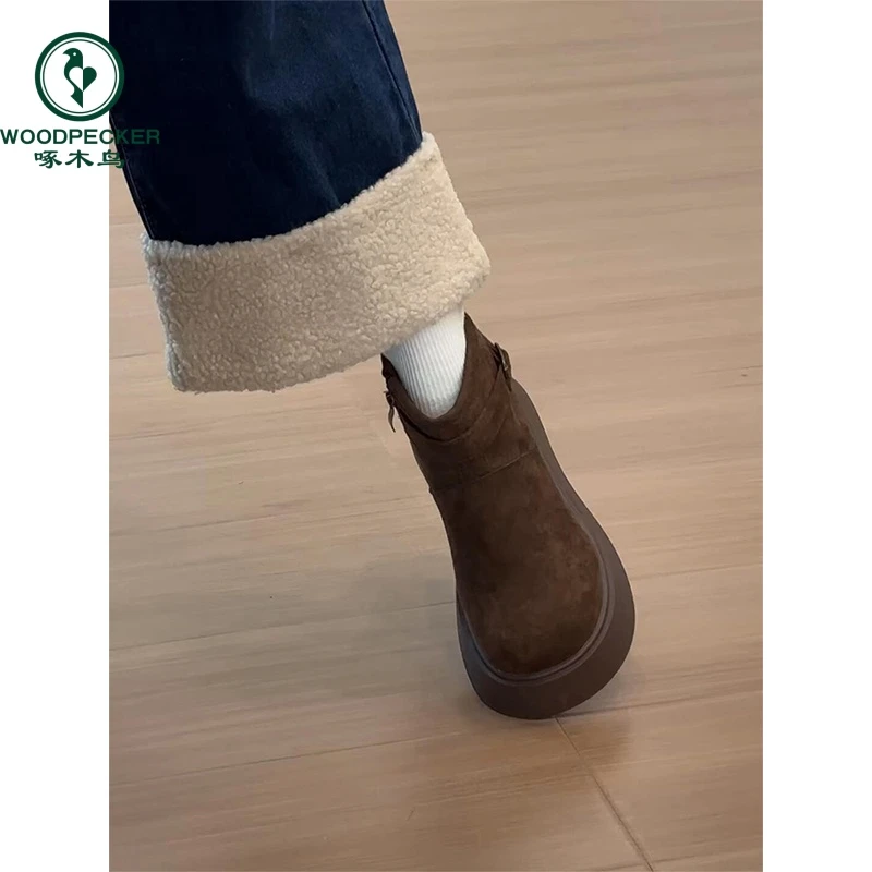 啄木鸟复古厚底马丁靴女外穿2024新款冬季加绒勃肯棉鞋雪地短靴