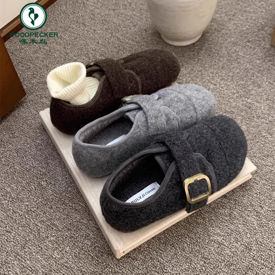啄木鸟灰色玛丽珍毛毛鞋女冬季外穿新款韩版绒面单鞋加绒保暖棉鞋