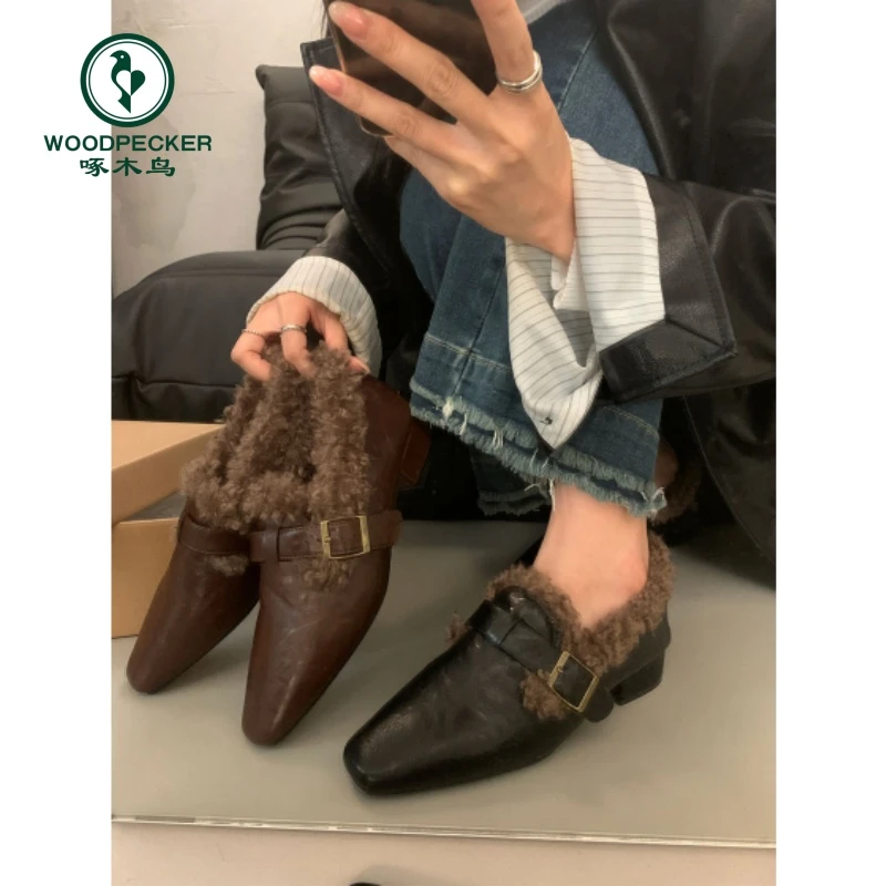 啄木鸟法式气质玛丽珍毛毛鞋女秋冬新款韩版复古搭扣加绒保暖棉鞋