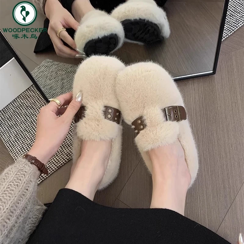 啄木鸟冬季一脚蹬毛毛鞋女外穿2024新款秋季豆豆鞋女平底加绒棉鞋
