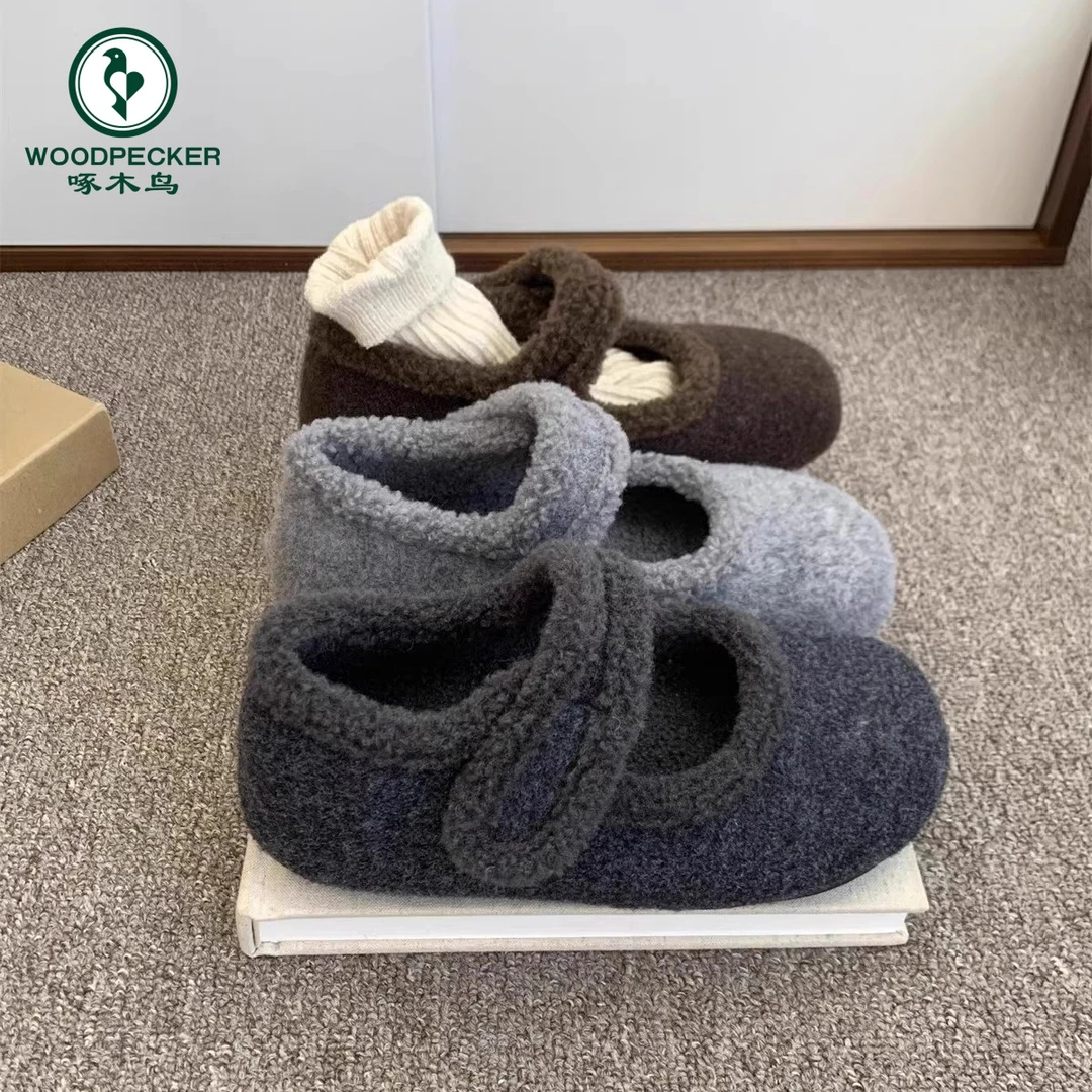 啄木鸟增高厚底勃肯鞋女冬季外穿韩版加绒灰色玛丽珍毛毛鞋棉鞋