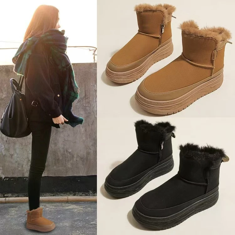 印妍厚底雪地靴女2024年新款冬季加厚加绒保暖短筒防滑靴子