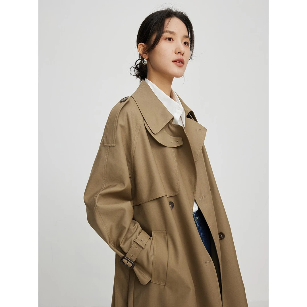 嘉茱莉【枫叶书签】春秋款时尚赫本风中长款翻领外套英伦风衣女F769