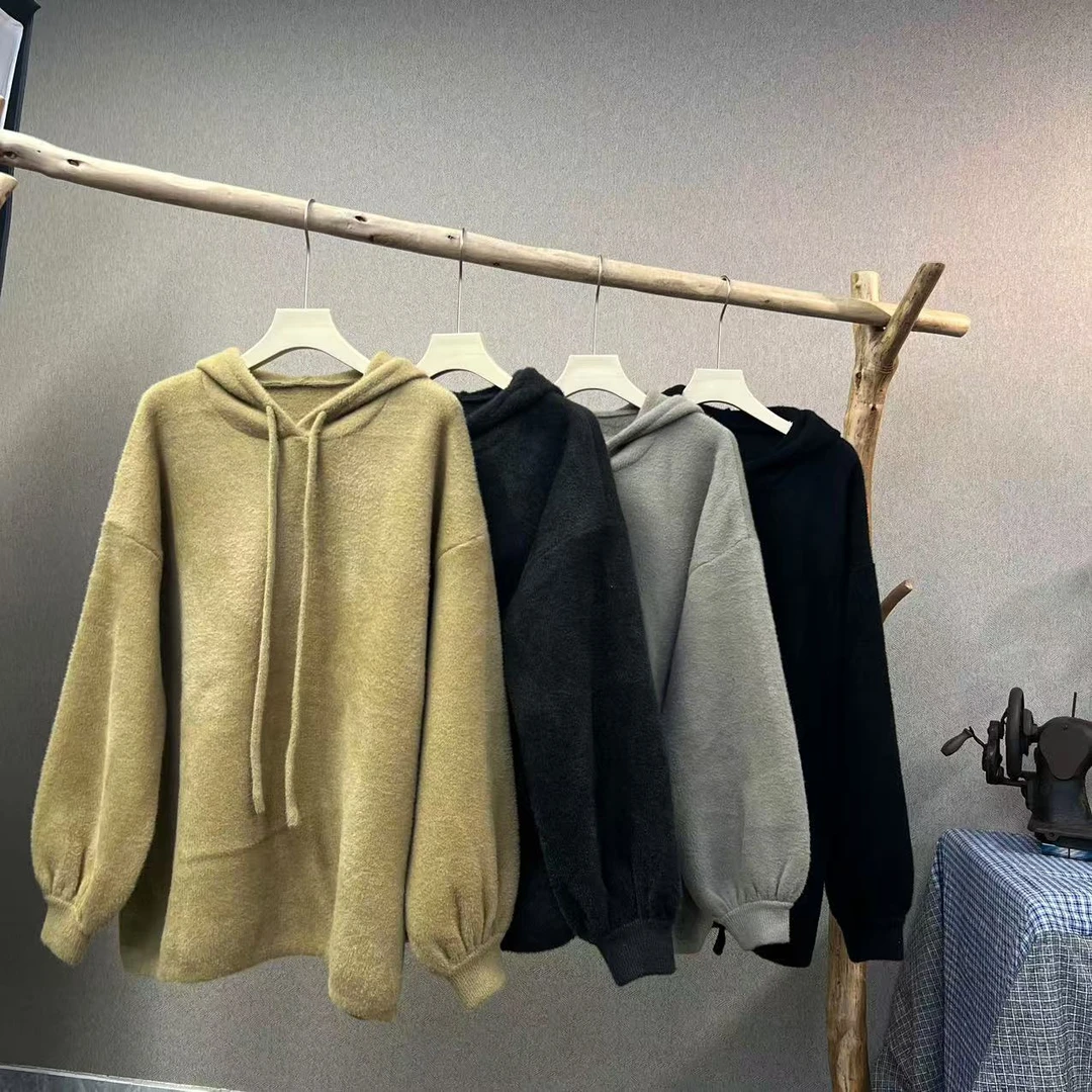 【隐叙原创】YX0490时尚休闲连帽女秋冬宽松加厚连帽套头水晶绒卫衣