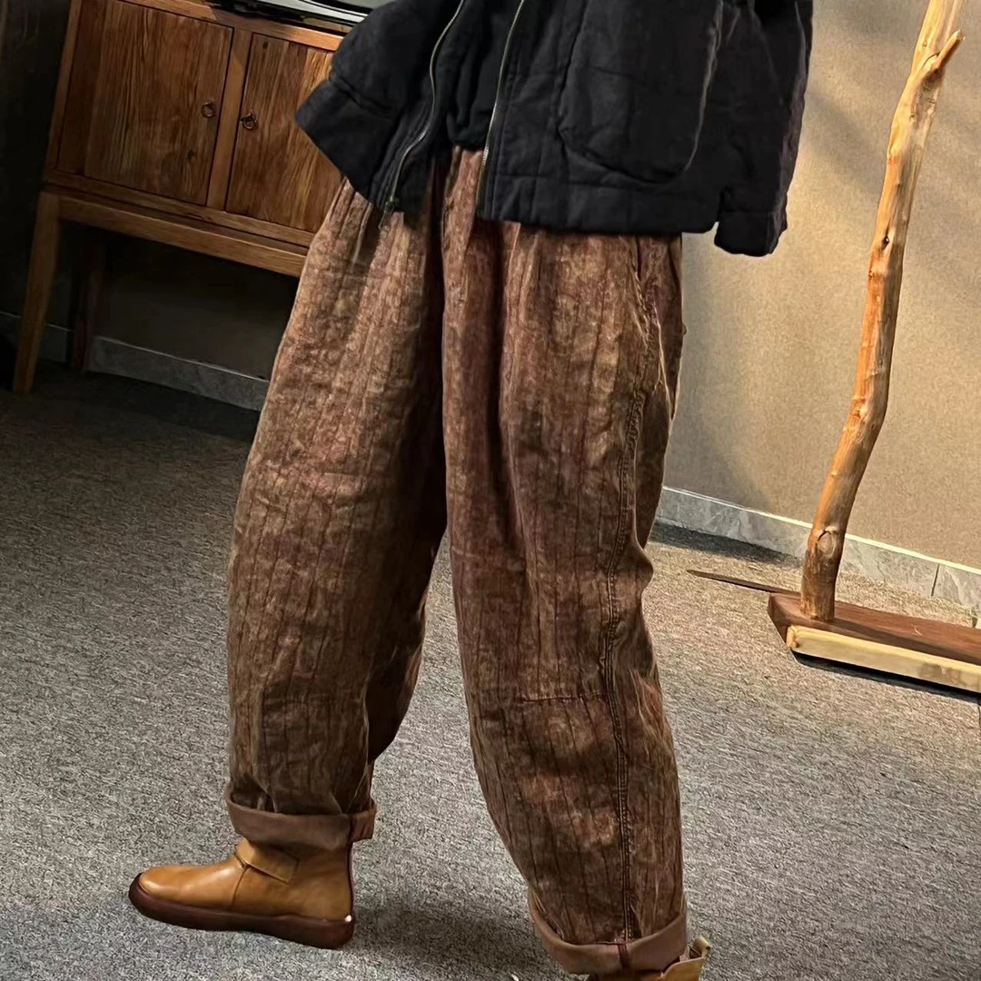【隐叙原创】YX0257新款时尚百搭竖条压线亚麻暗花休闲裤