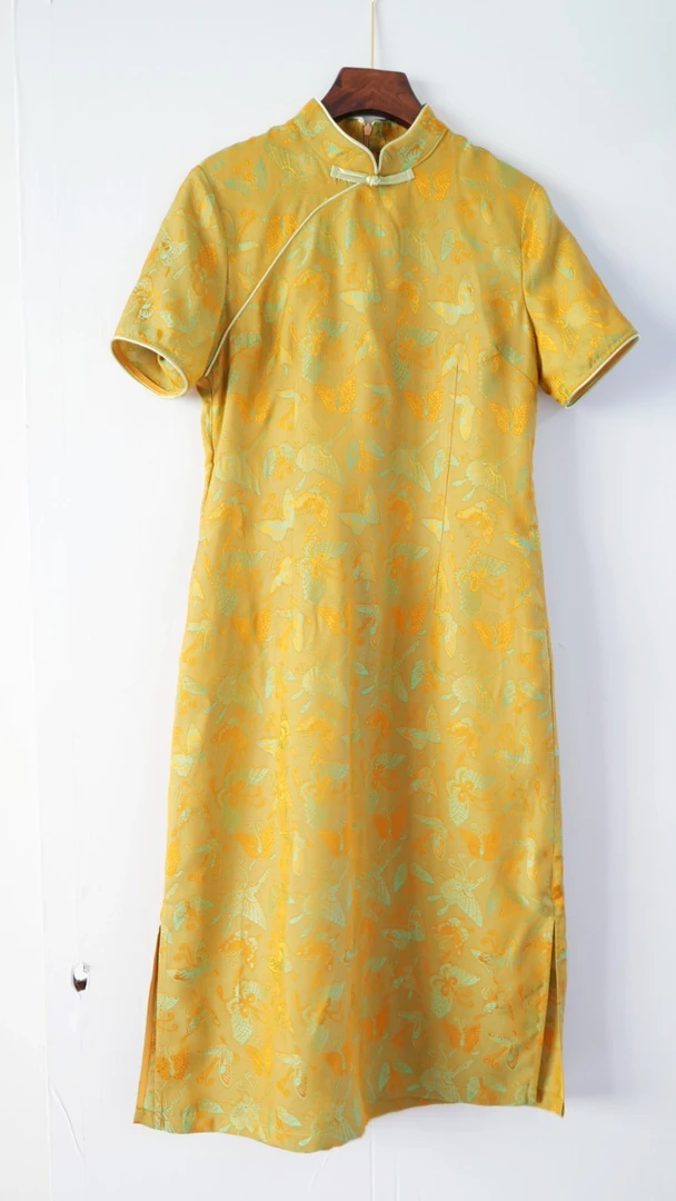 旗袍夏季复古新中式斜襟重磅中国风春夏夏款中长款黄色气质时尚