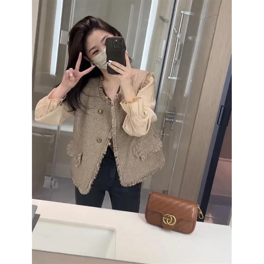 韩版复古气质流苏小香风马甲女秋季2024新款百搭开衫外穿马夹外套