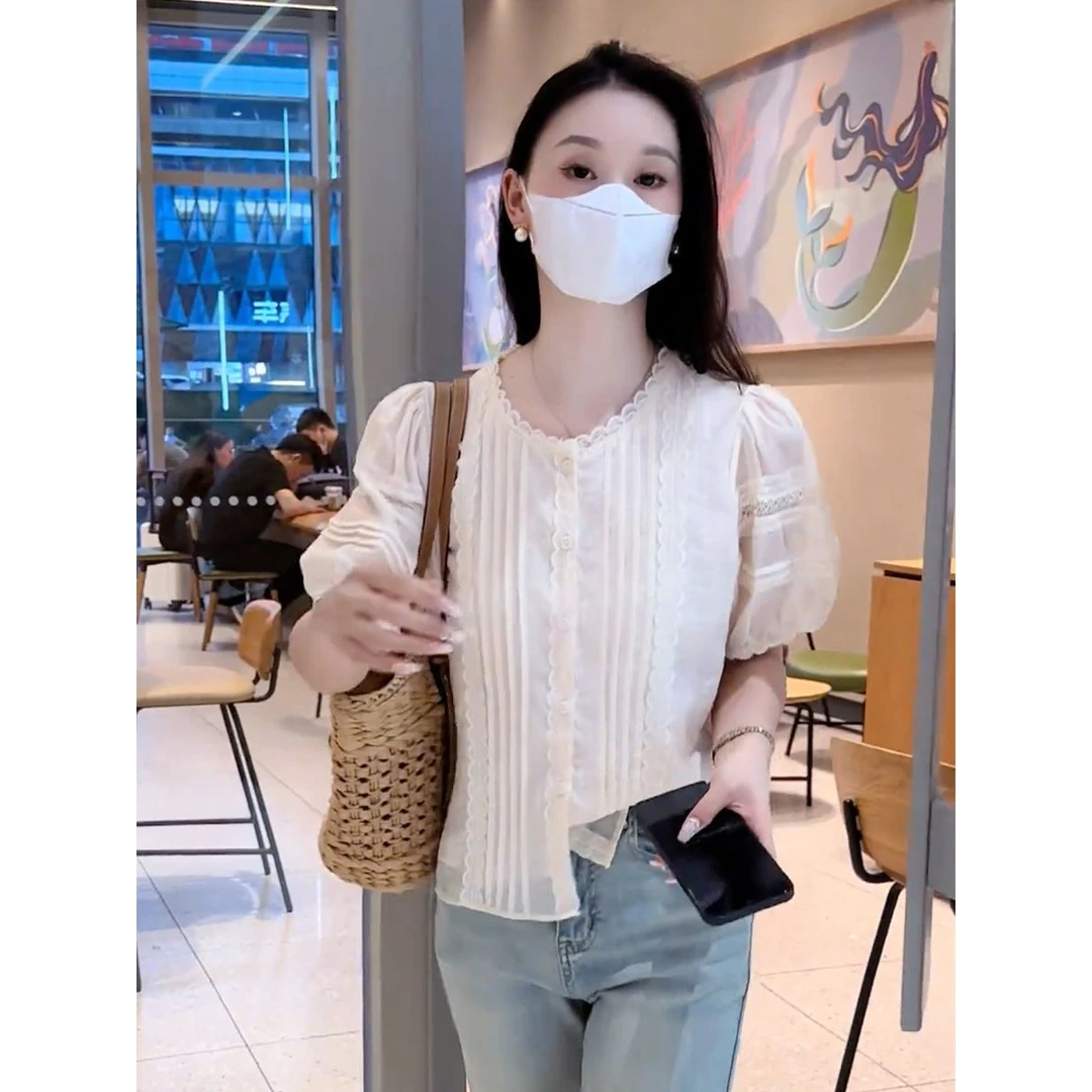 蕾丝花边短袖衬衫女上衣2025夏季新款法式高级感宽松显瘦气质小衫