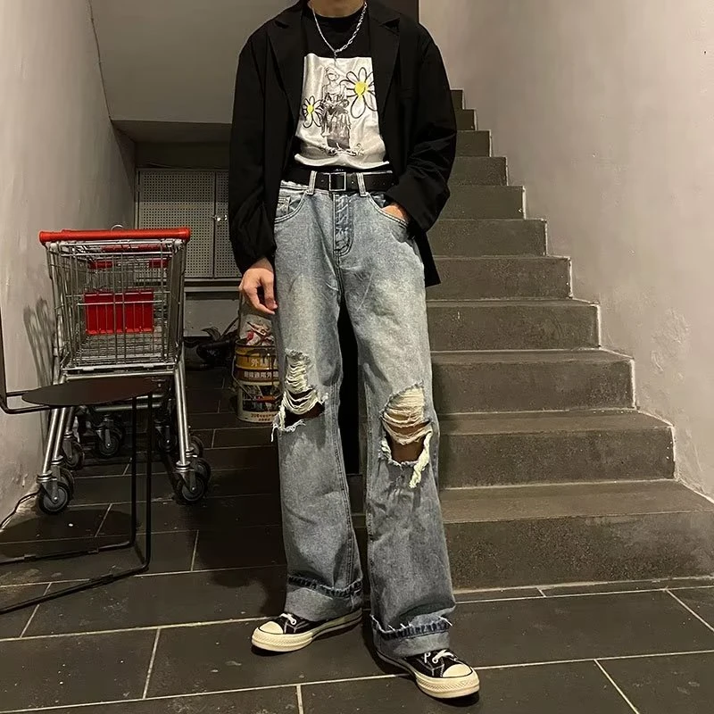 潮流宽松帅气男士年秋季新爆款高腰显瘦蓝色阔腿秋天牛仔长裤