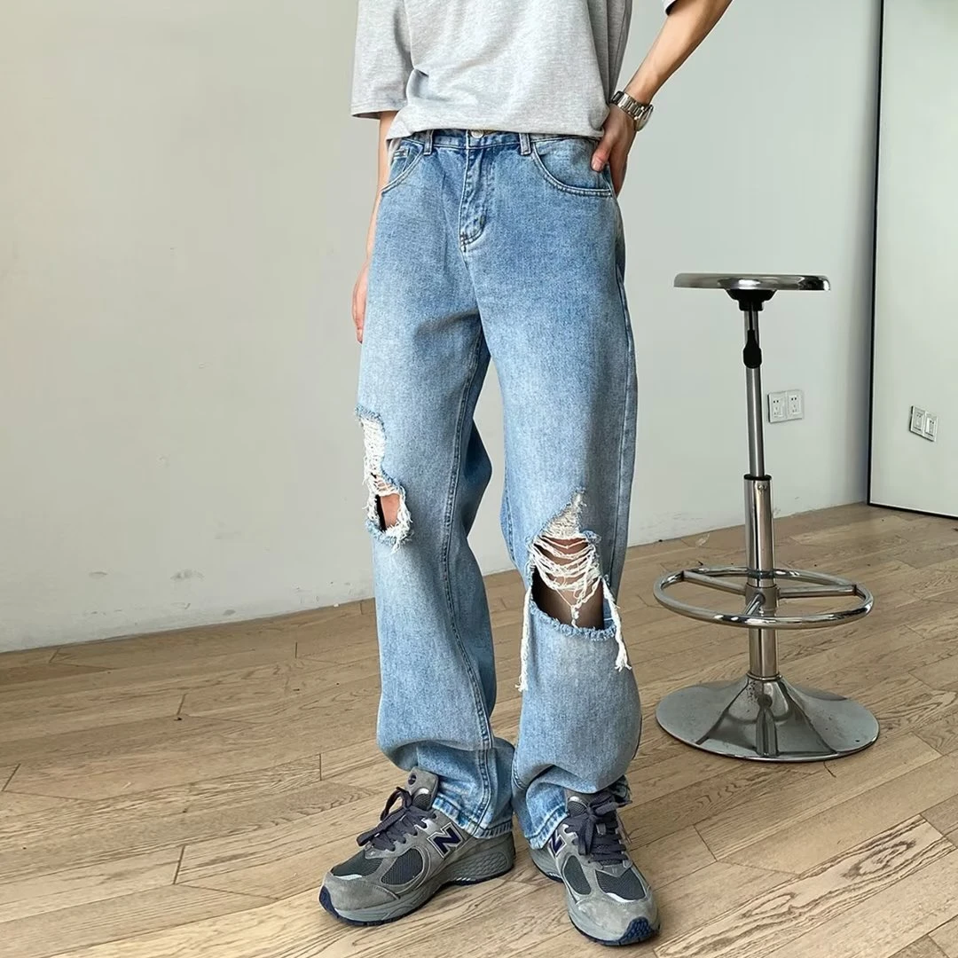 宽松时尚帅气高街美式嘻哈高街复古坠感破洞拖地阔腿乞丐牛仔裤