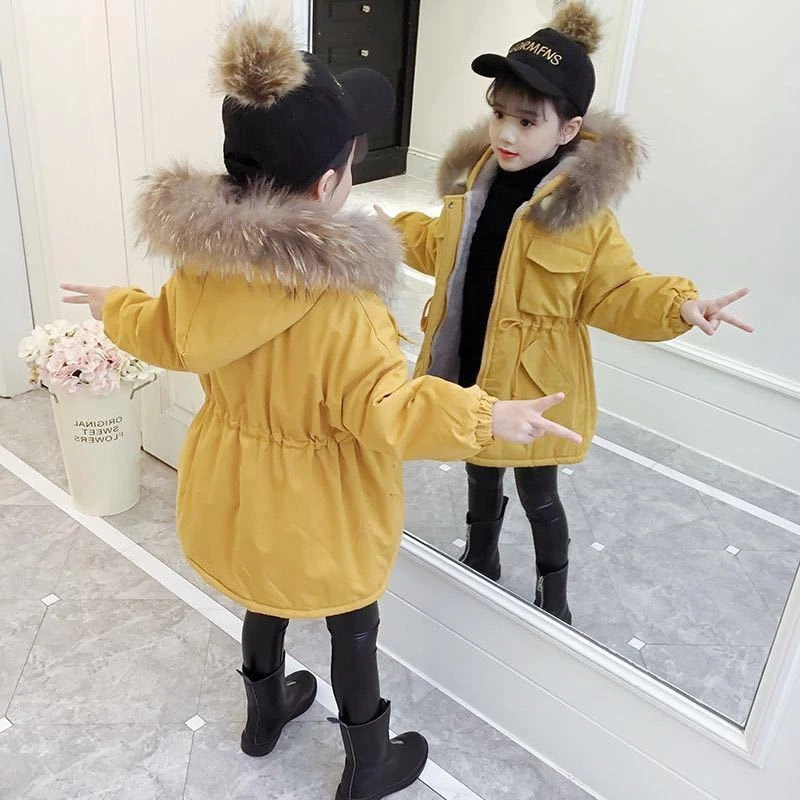 2023新款女童棉衣派克服冬装儿童中长款加绒外套女孩岁加厚棉服潮