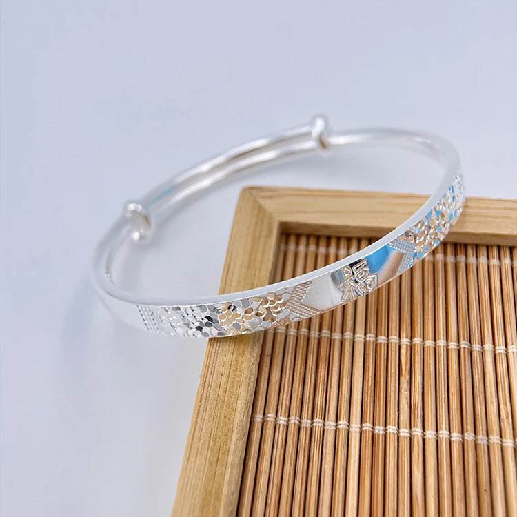 足银手镯 足银9999碎碎冰福手镯时尚女款纯银手镯推拉镯子可调节