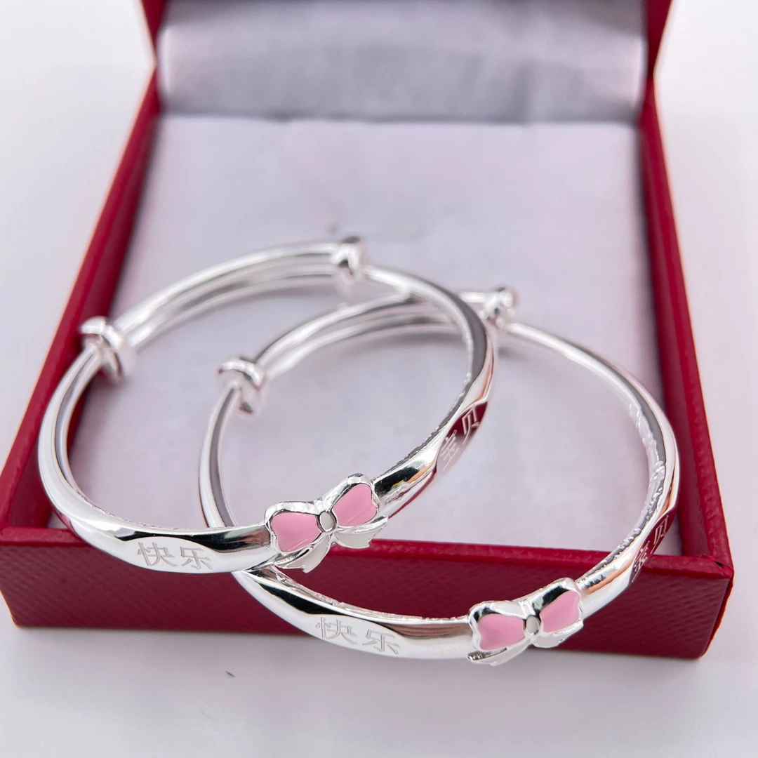 足银手镯 足银9999快乐宝贝宝宝手镯儿童可爱蝴蝶结对镯可调节