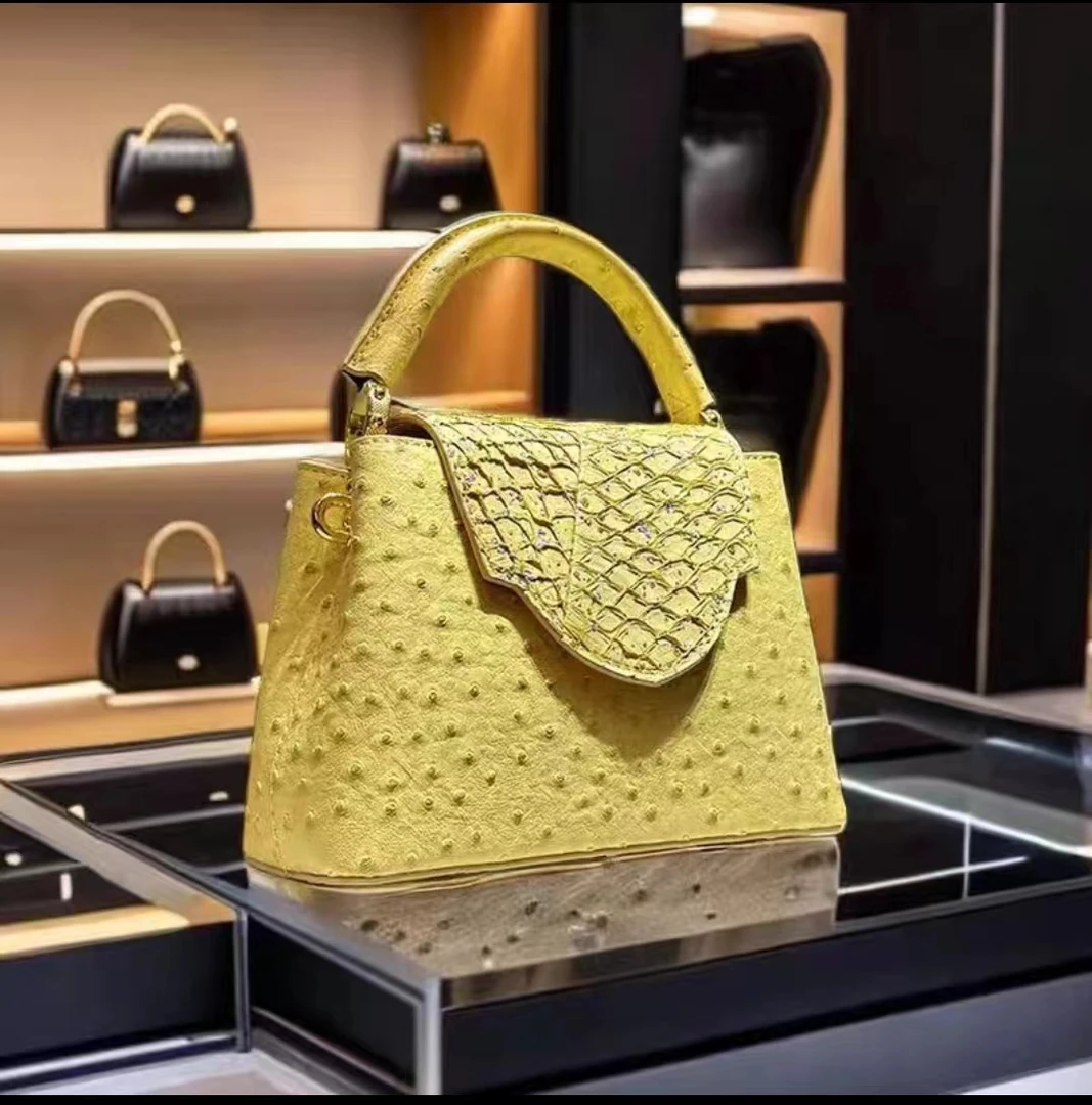 轻奢女包设计师高定新款驼鸟纹手拎包单肩斜跨包包黄色手提包