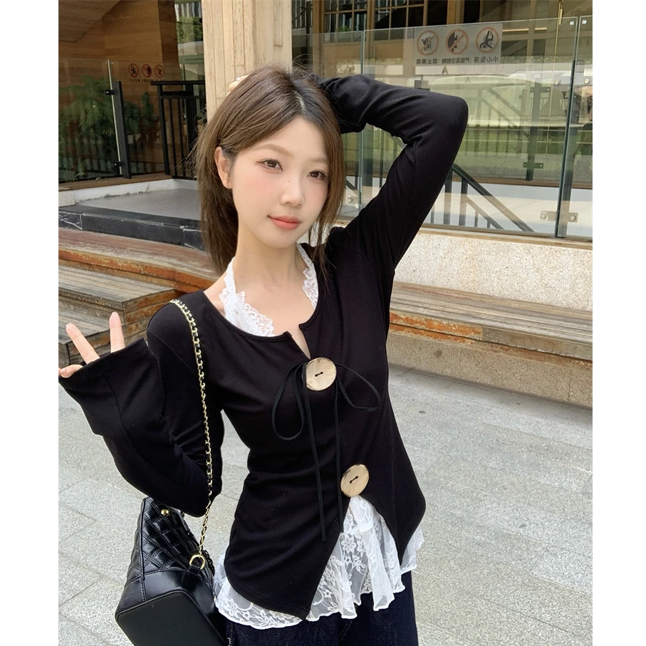 胖妹妹辣妹长袖针织衫女秋季纯欲性感内搭蕾丝上衣两件套装