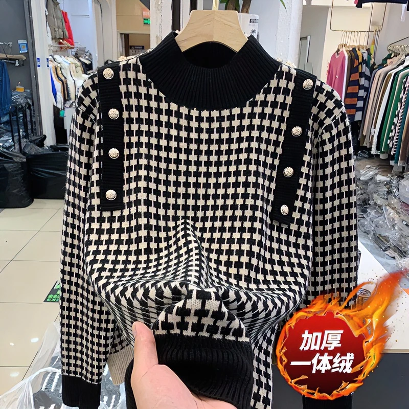 一体绒半高领洋气外穿打底毛衣千鸟格秋冬加绒加厚针织打底衫内搭