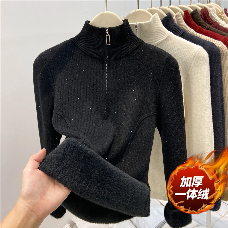 一体加厚加绒拉链毛衣秋冬季新款洋气亮丝高领打底针织衫保暖上衣