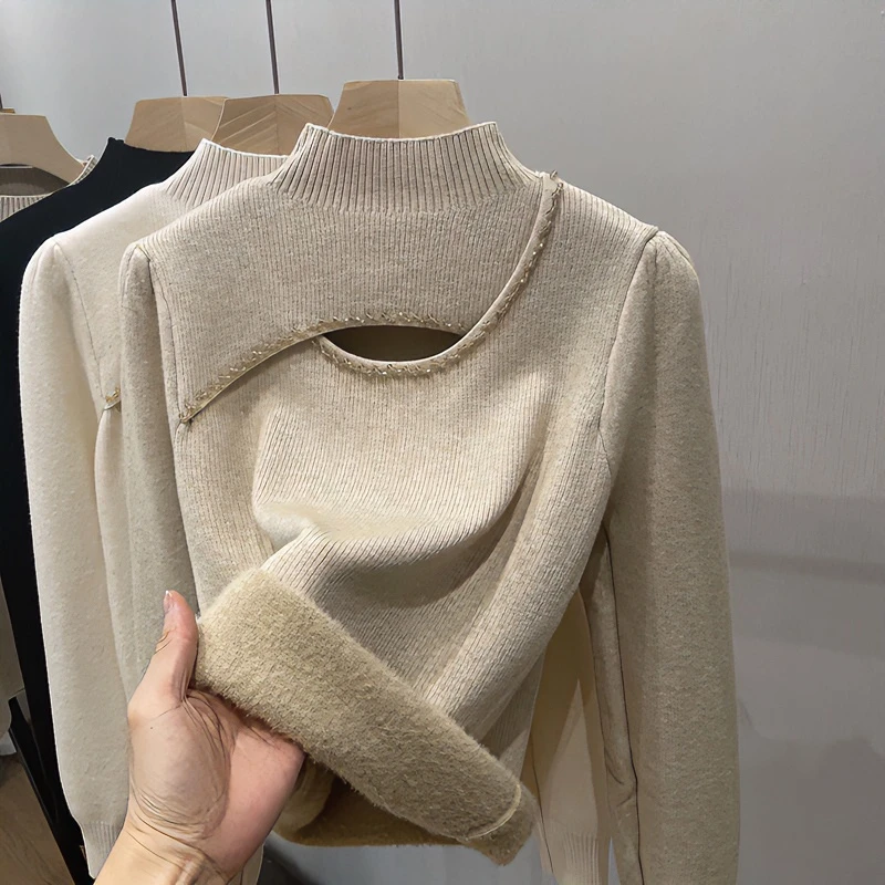 一体绒半高领打底衫女冬内搭洋气2023加厚保暖毛衣加绒设计感上衣